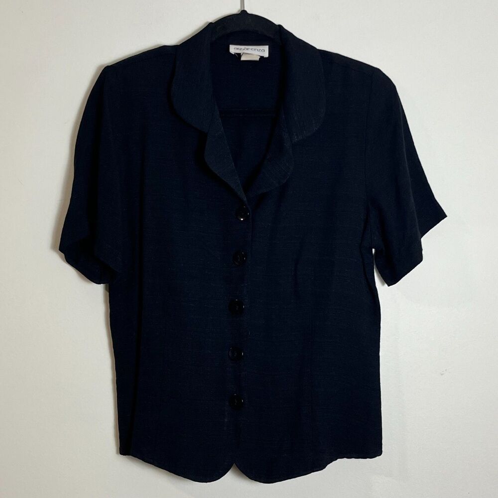 Apparenza Black‎ Textured Short Sleeve Button Down Tie Back Top Size PM USA Made